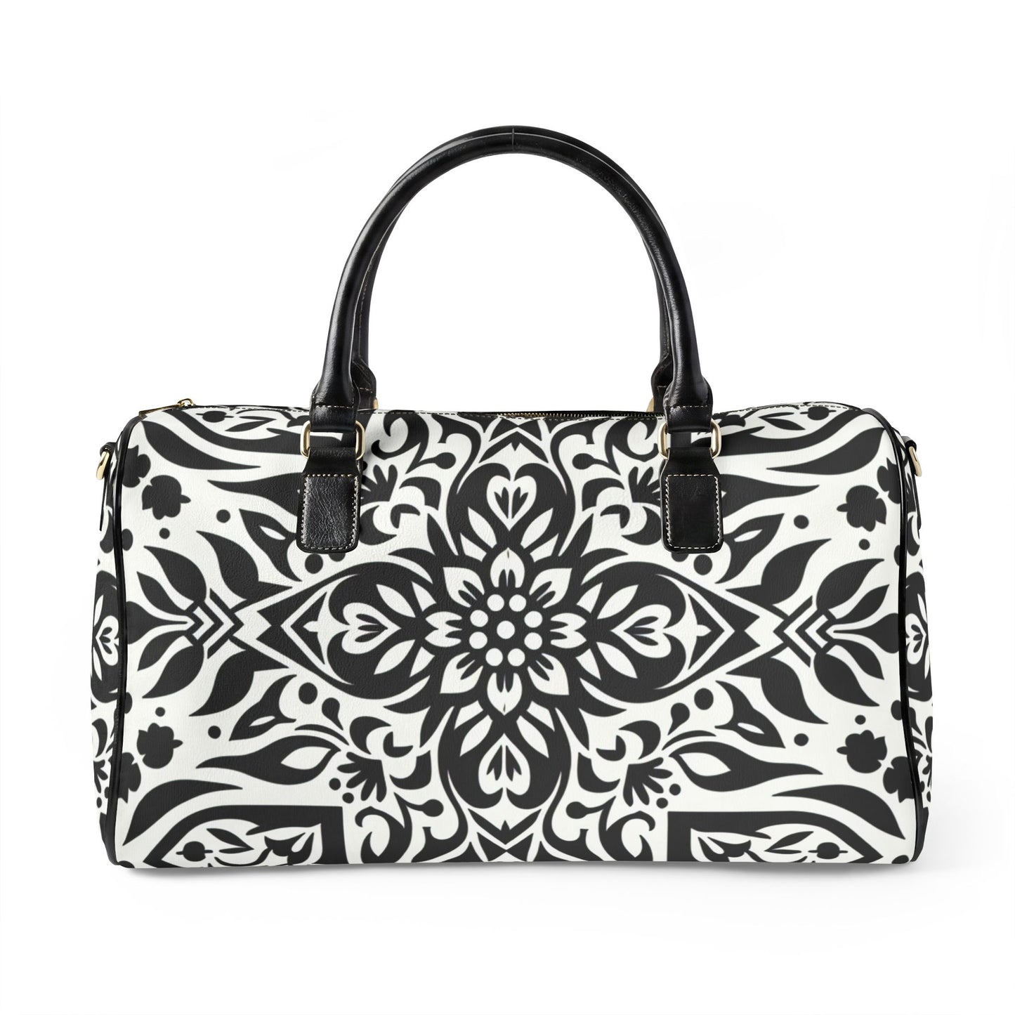 Travel Bag – Black & White Floral Mandala Weekender Duffle