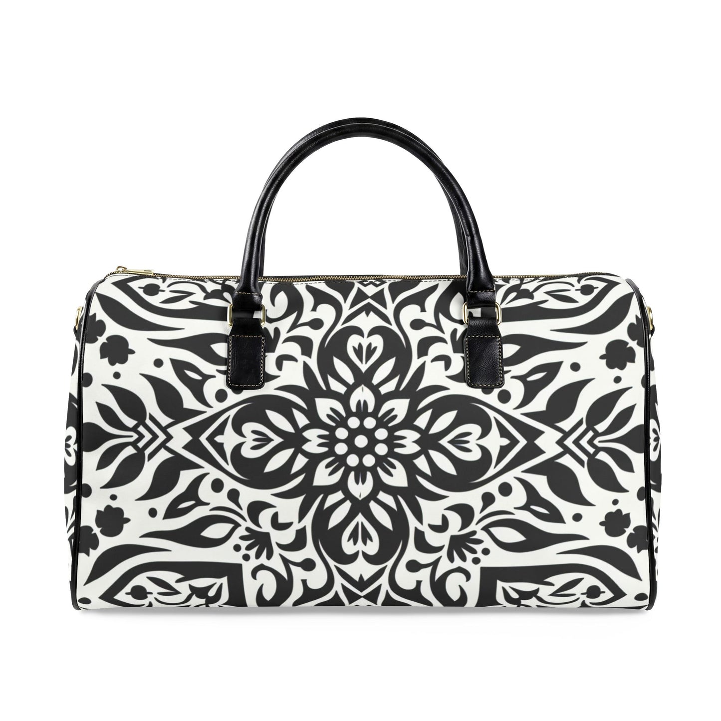 Travel Bag – Black & White Floral Mandala Weekender Duffle