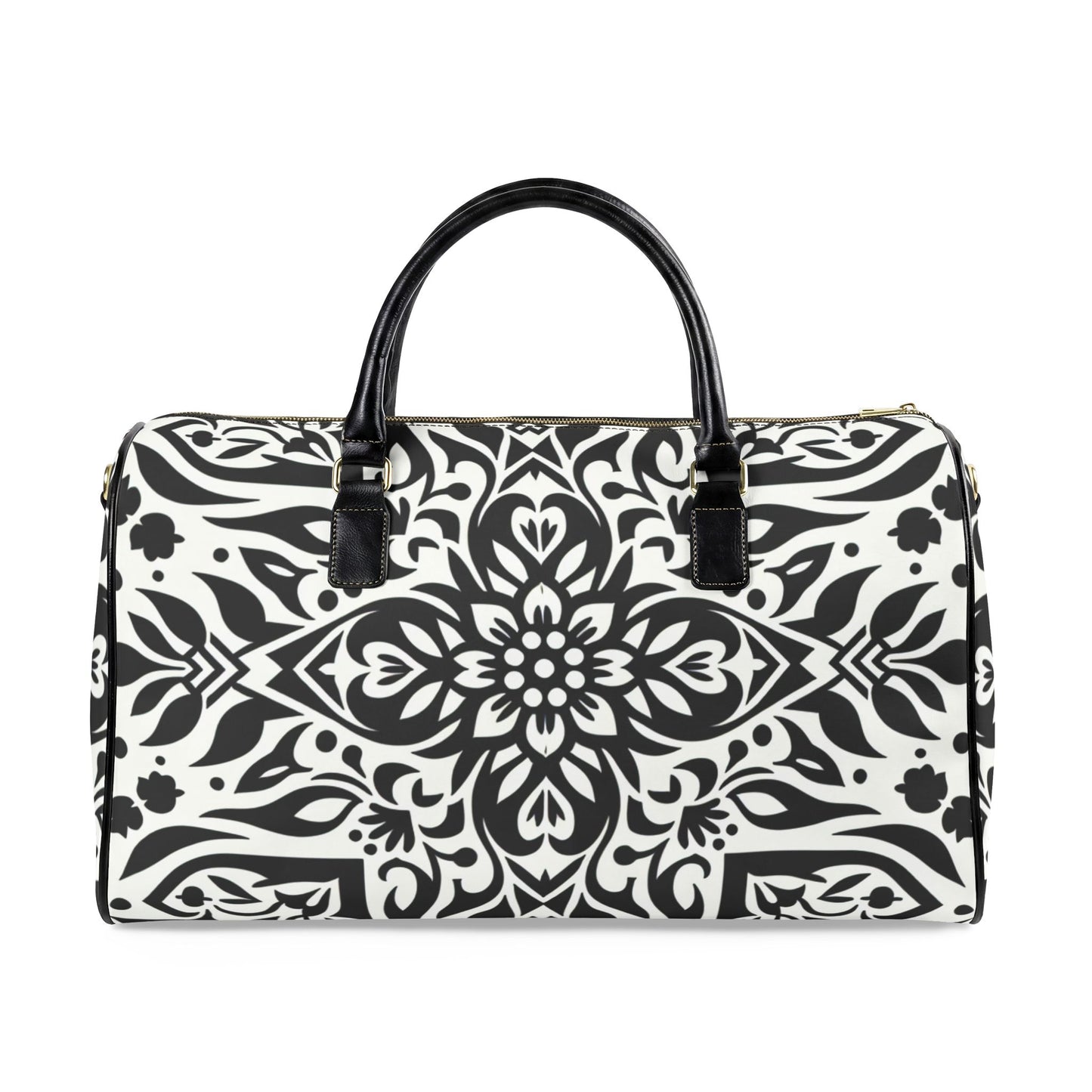 Travel Bag – Black & White Floral Mandala Weekender Duffle