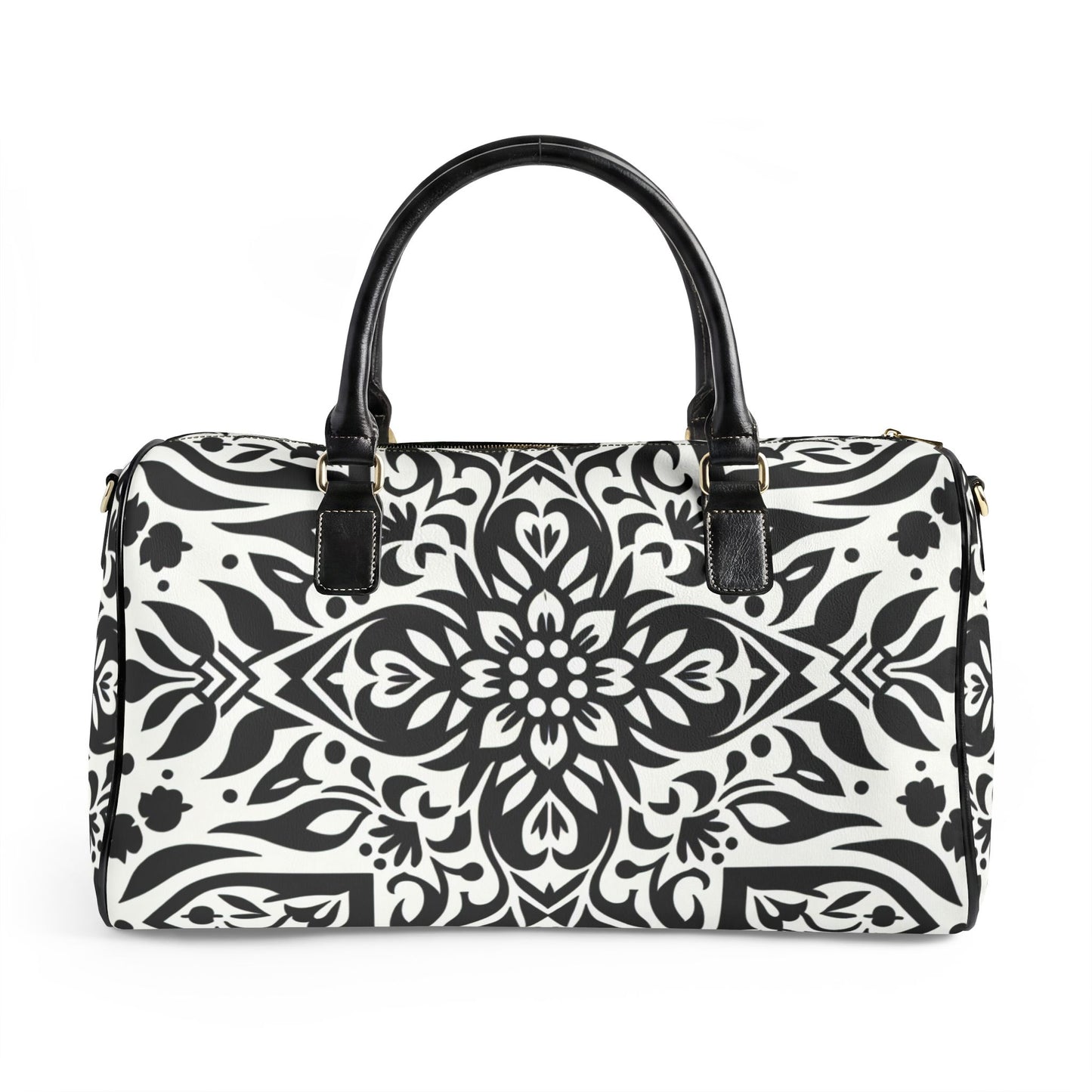 Travel Bag – Black & White Floral Mandala Weekender Duffle